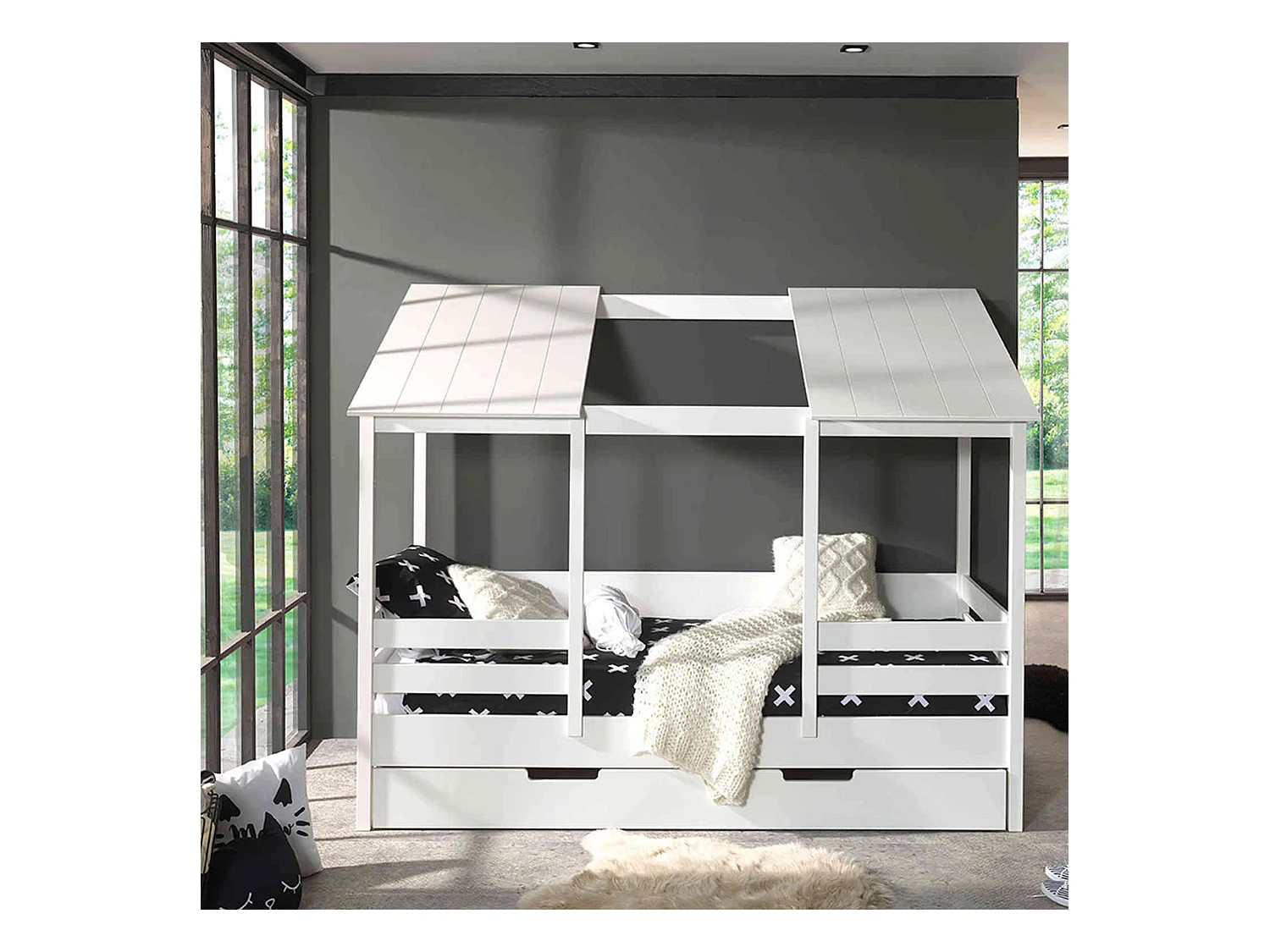 Lit cabane enfant avec toit en bois blanc 90x200 + tiroir de lit