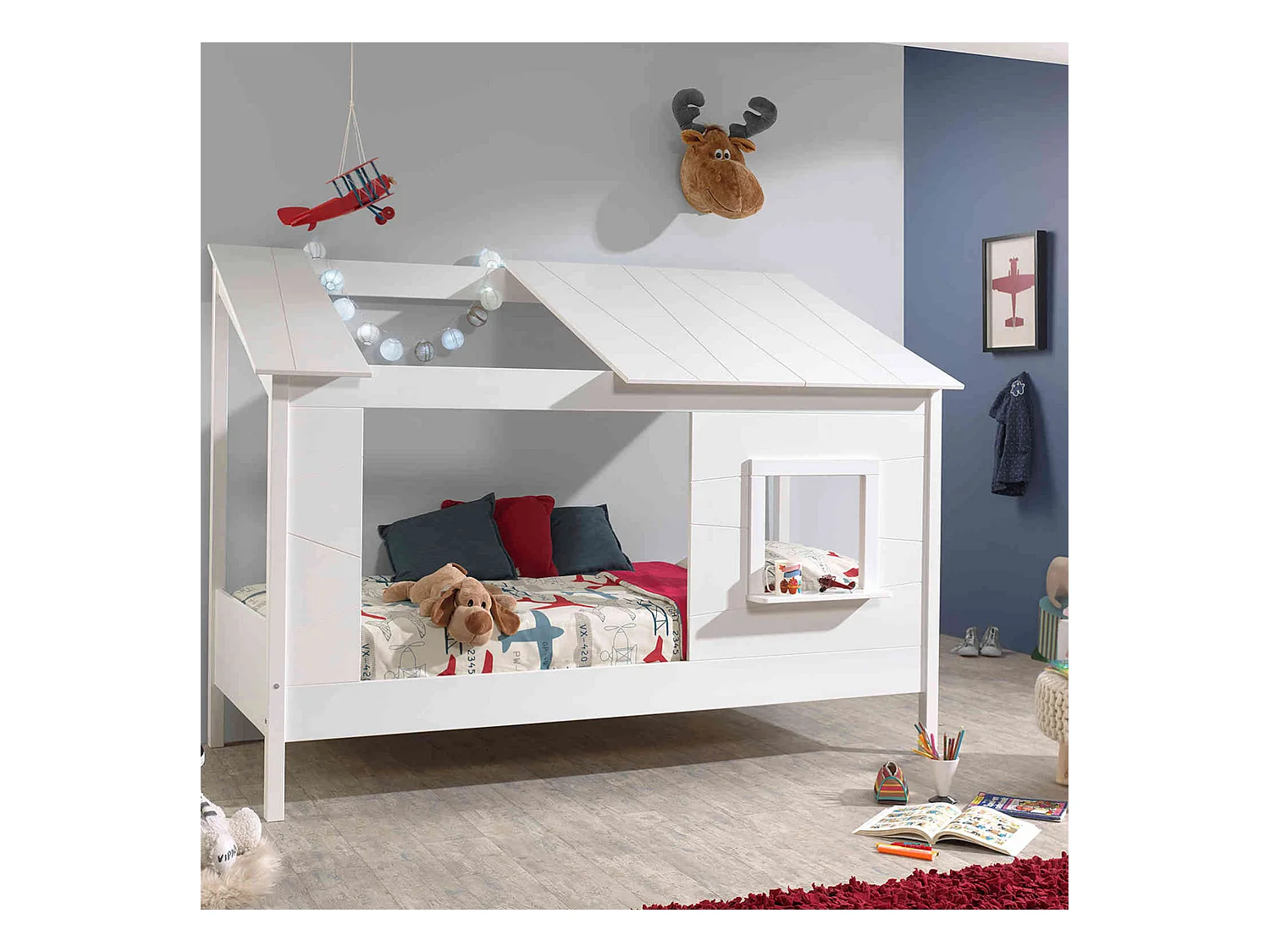Lit cabane enfant avec toit et fenêtre en bois blanc 90x200