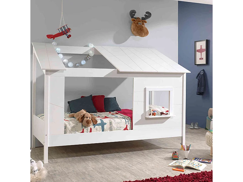 Lit cabane enfant avec toit et fenêtre en bois blanc 90x200