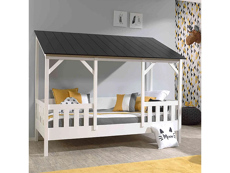Lit cabane enfant avec toit noir en bois 90x200