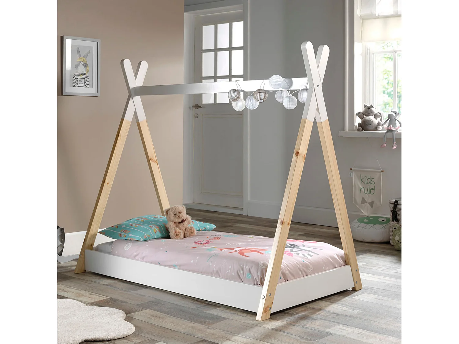 Lit enfant tipi inspiration Montessori en bois blanc 70x140 - Terre de Nuit