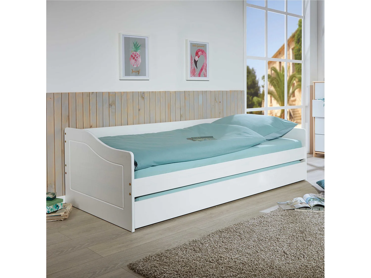 Lit gigogne en bois massif blanc avec sommier à lattes intégré 90x200 - LT12120