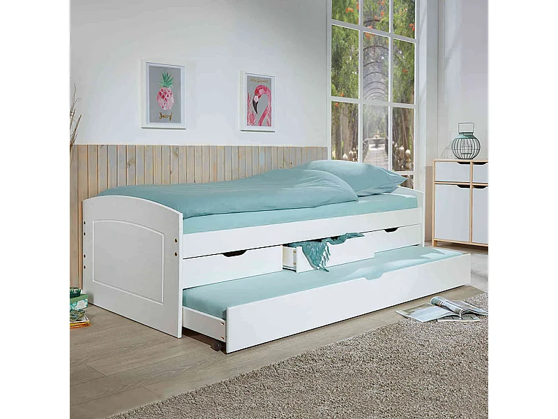 Lit gigogne avec tiroirs en bois massif blanc laqué 90x200 - LT12008