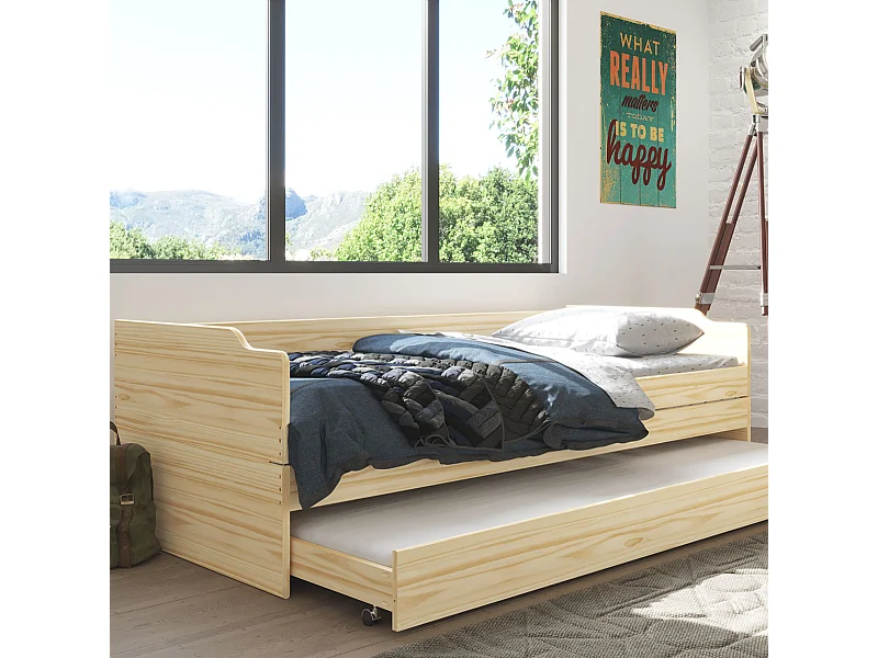 Lit gigogne 3 couchages en bois massif chêne clair 90x200 - LT12015