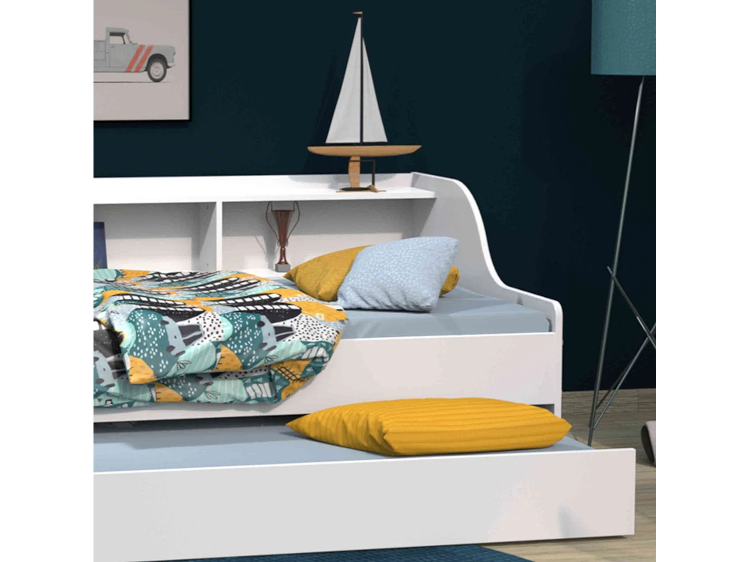 Lit gigogne enfant avec étagère en bois blanc 90x190 - LT14031