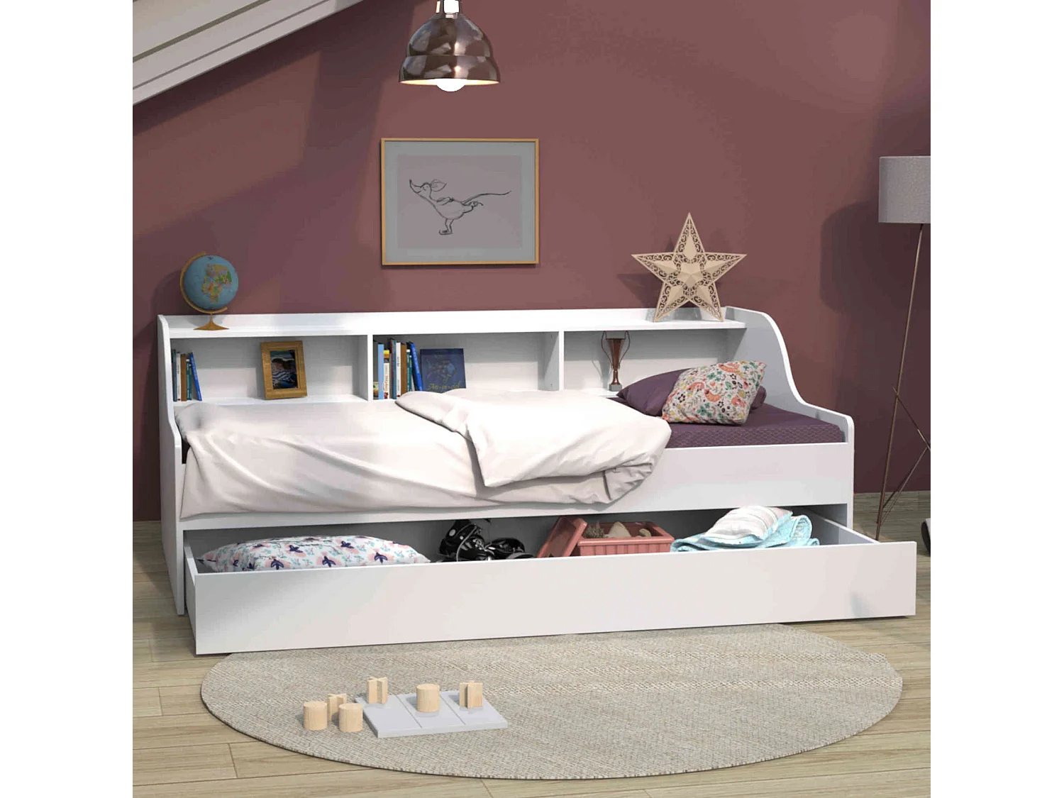 Lit gigogne enfant avec étagère en bois blanc 90x190 - LT14031