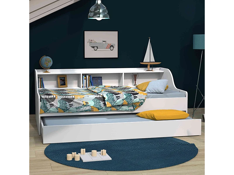Lit gigogne enfant avec étagère en bois blanc 90x190 - LT14031