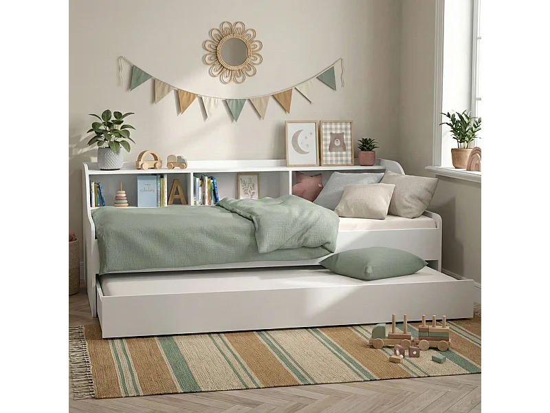 Lit gigogne enfant avec étagère en bois blanc 90x190 - LT14031