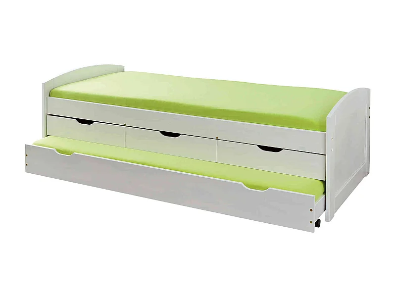 Lit gigogne 3 tiroirs en bois massif blanc laqué 90x200 - LT12007