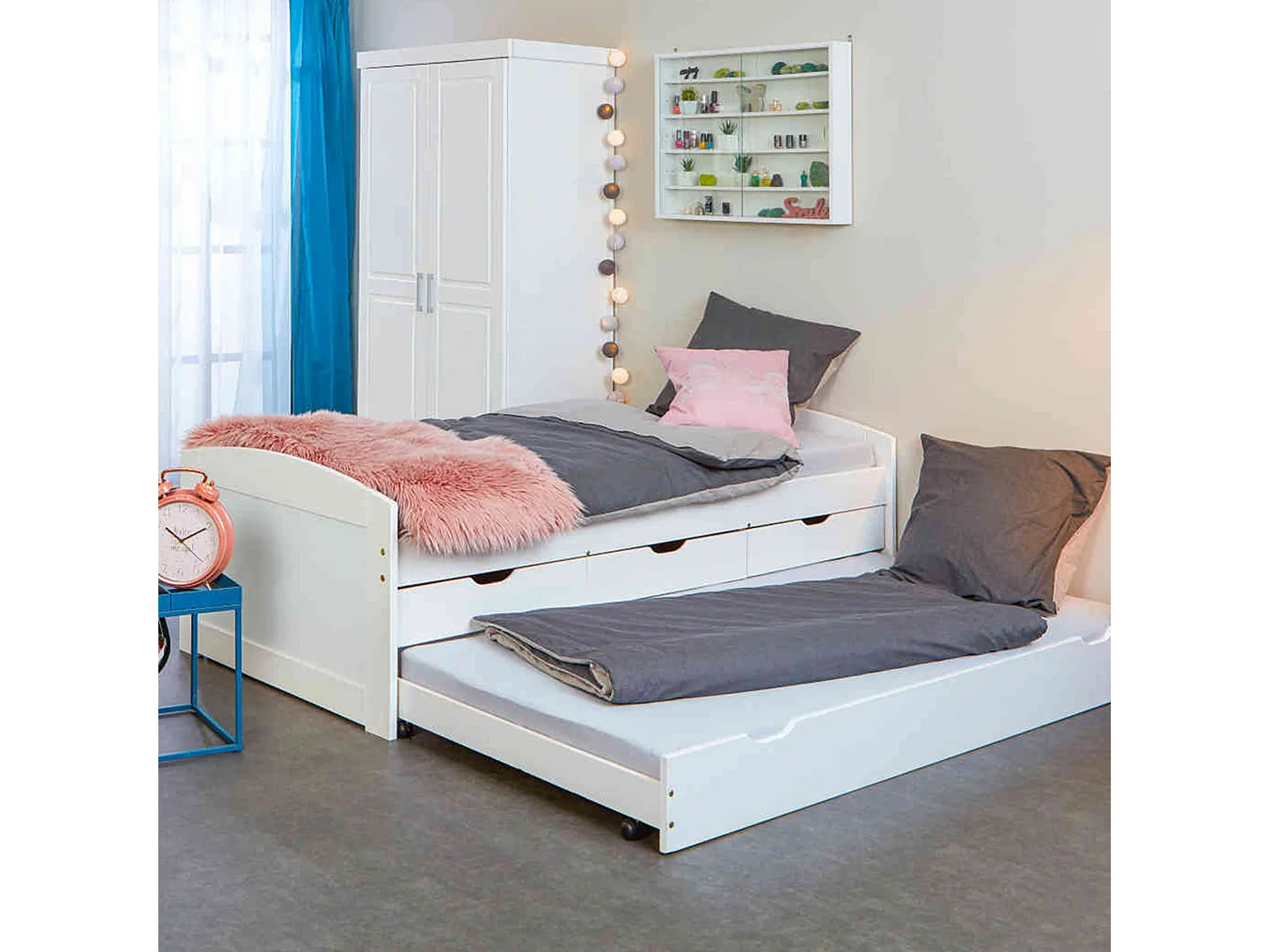 Lit gigogne 3 tiroirs en bois massif blanc laqué 90x200 - LT12007