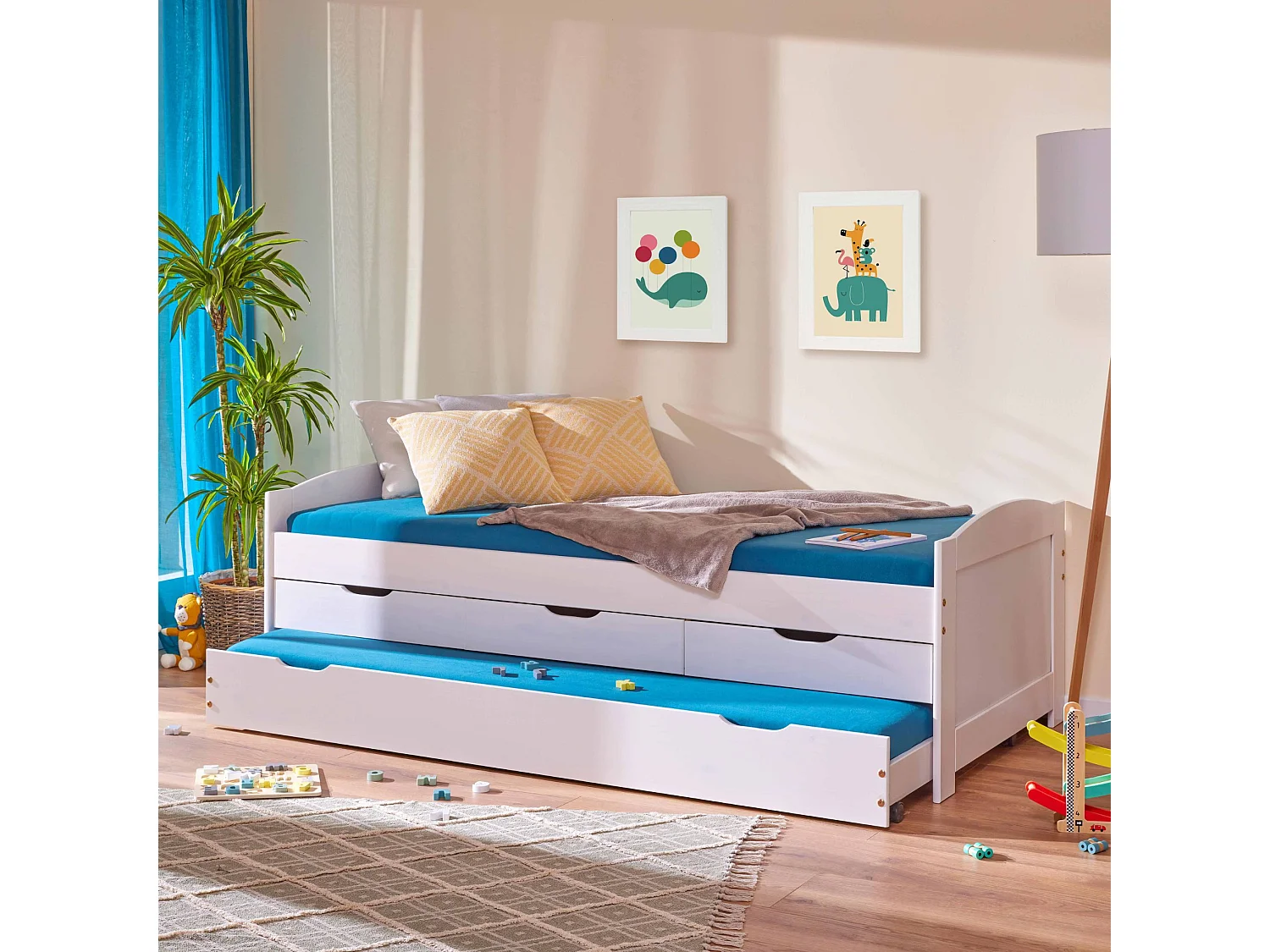 Lit gigogne 3 tiroirs en bois massif blanc laqué 90x200 - LT12007