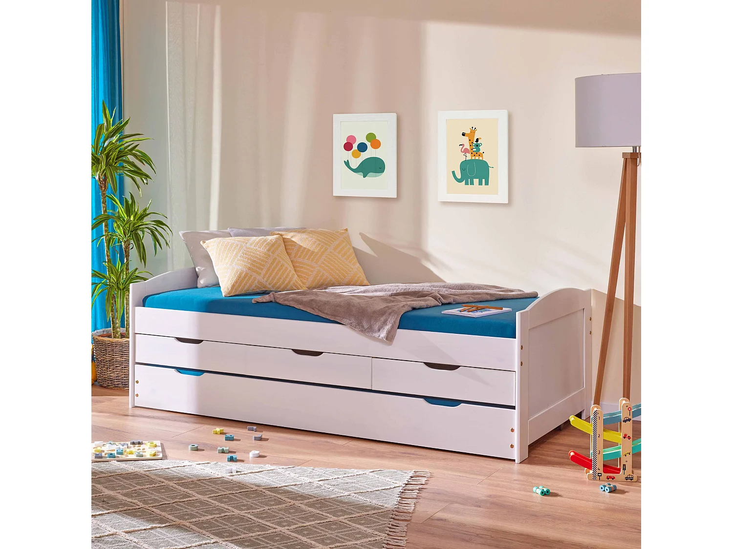 Lit gigogne 3 tiroirs en bois massif blanc laqué 90x200 - LT12007