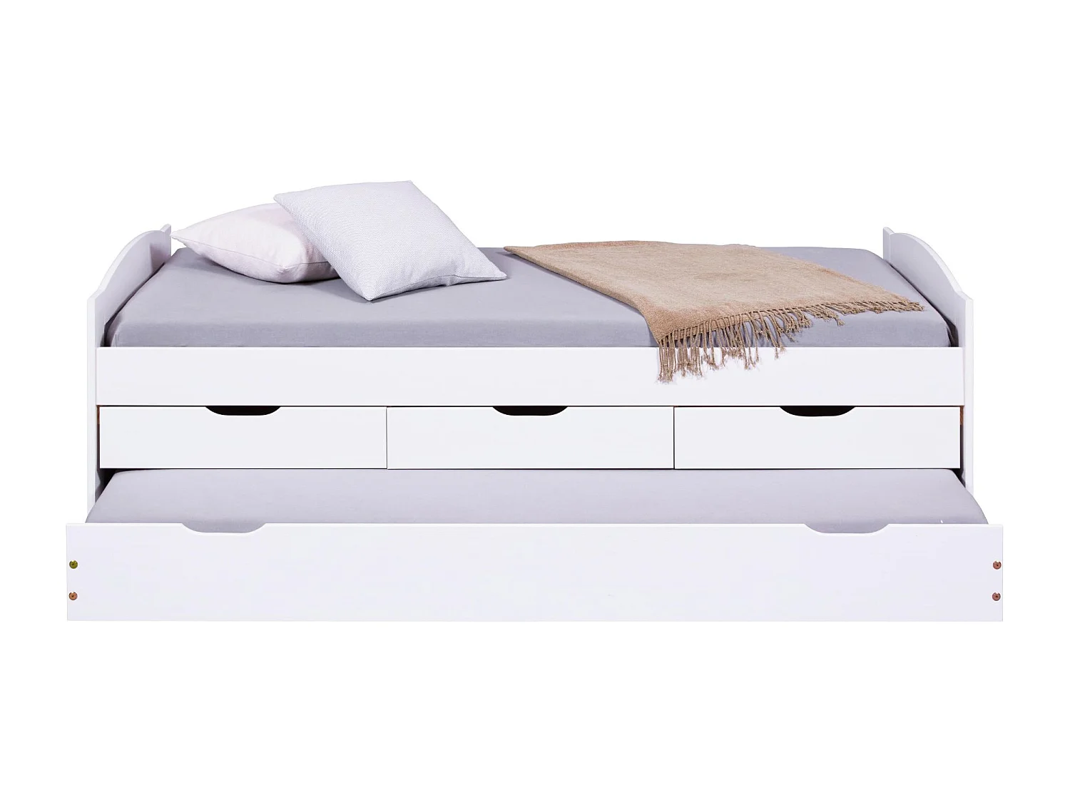 Lit gigogne 3 tiroirs en bois massif blanc laqué 90x200 - LT12007