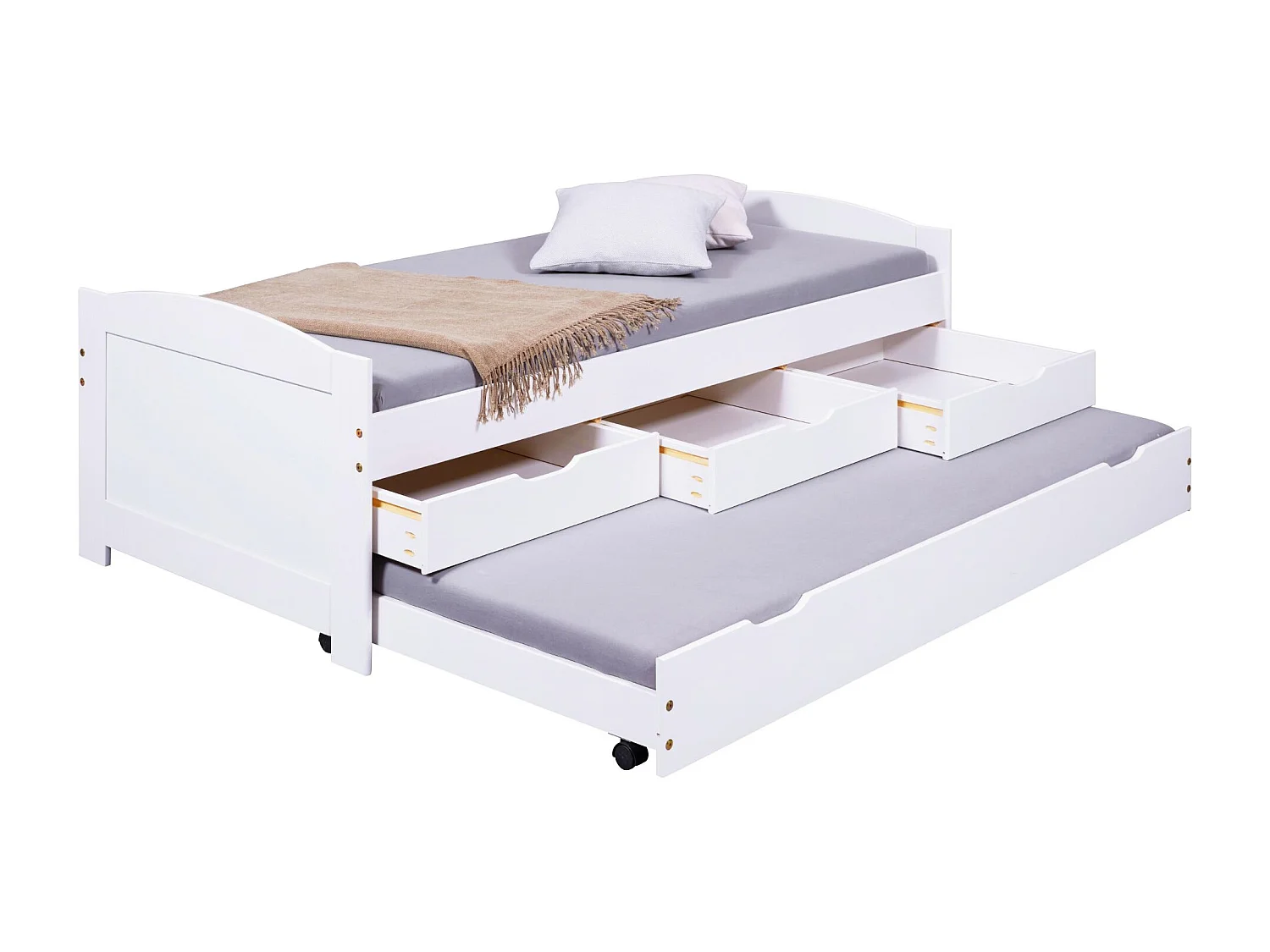 Lit gigogne 3 tiroirs en bois massif blanc laqué 90x200 - LT12007