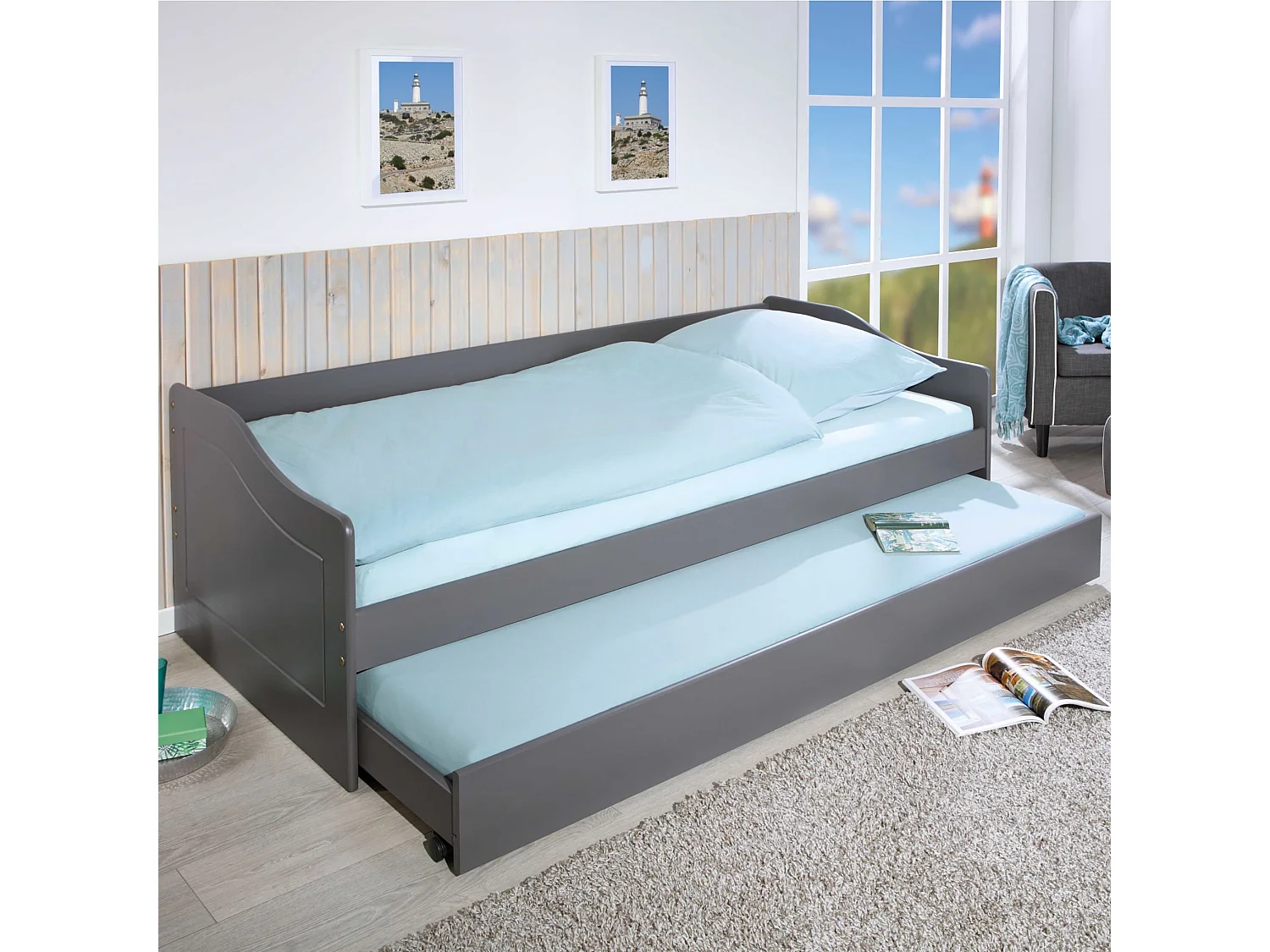 Lit gigogne en bois massif gris avec sommier à lattes intégré - LT12120