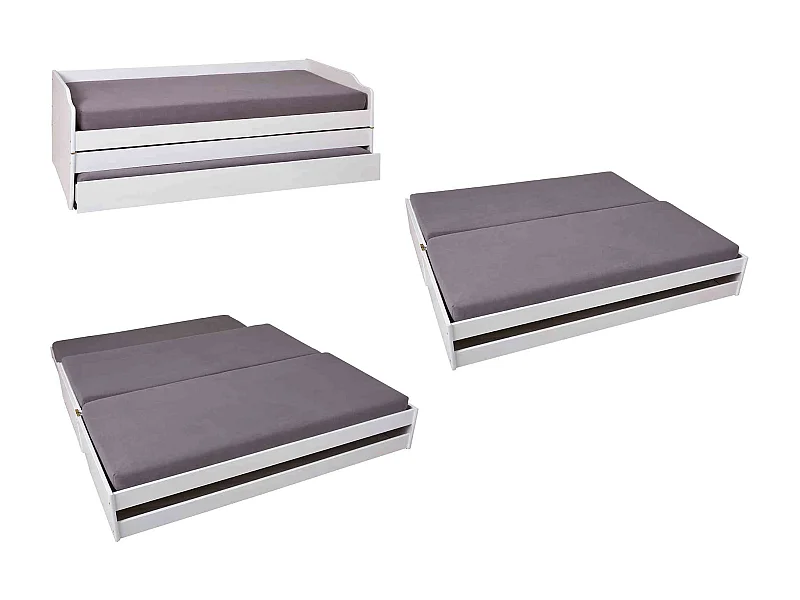 Lit gigogne 3 couchages en bois massif blanc laqué 90x200 - LT12015