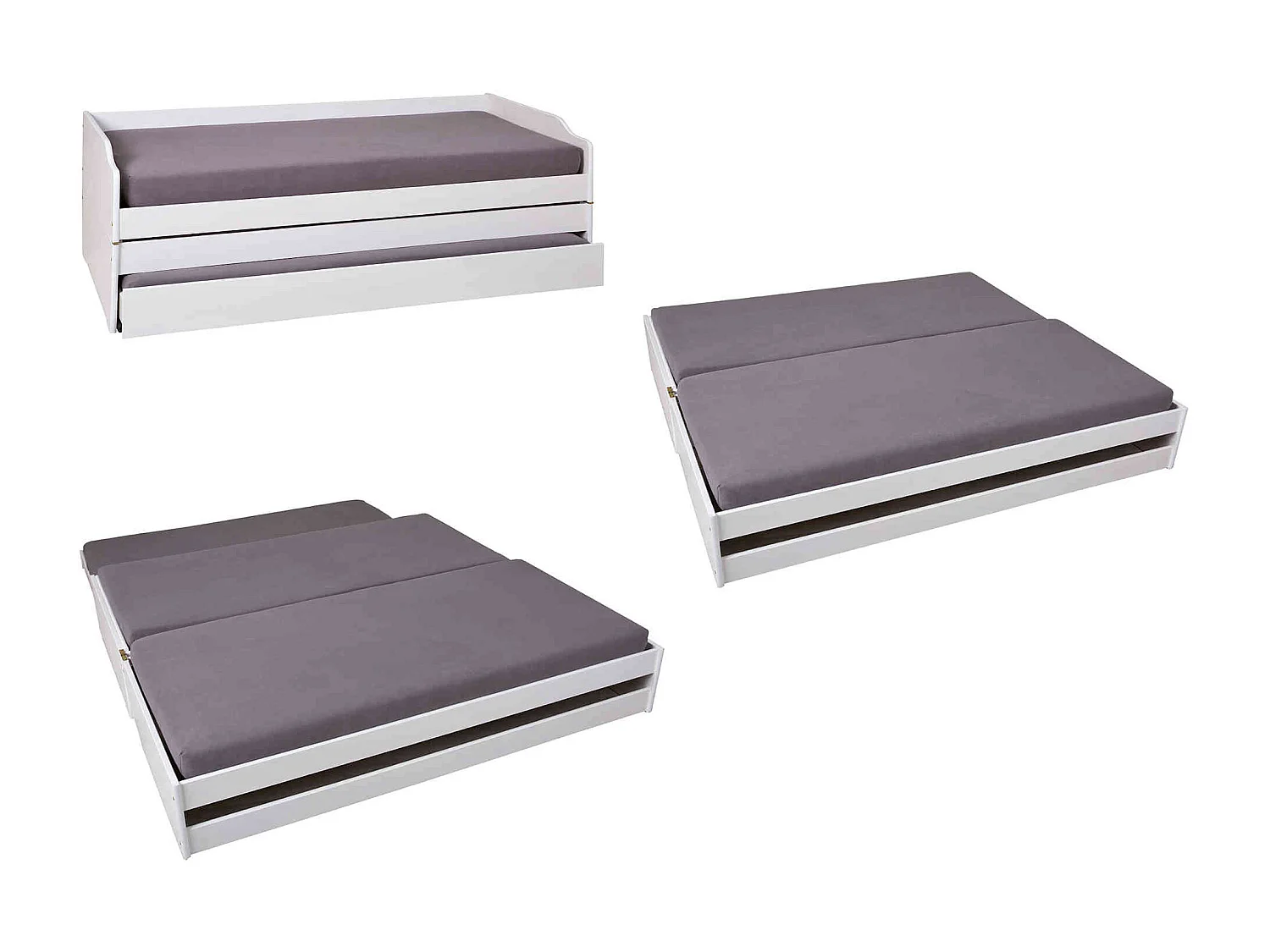 Lit gigogne 3 couchages en bois massif blanc laqué 90x200 - LT12015