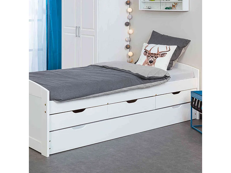 Lit gigogne 3 tiroirs en bois massif blanc laqué 90x190 - LT12007