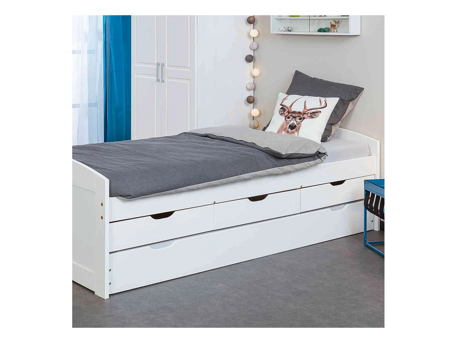 Lit gigogne 3 tiroirs en bois massif blanc laqué 90x190 - LT12007