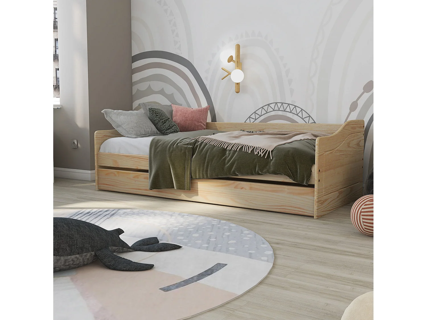 Lit gigogne en bois massif naturel avec sommier à lattes intégré 90x200 - LT12120