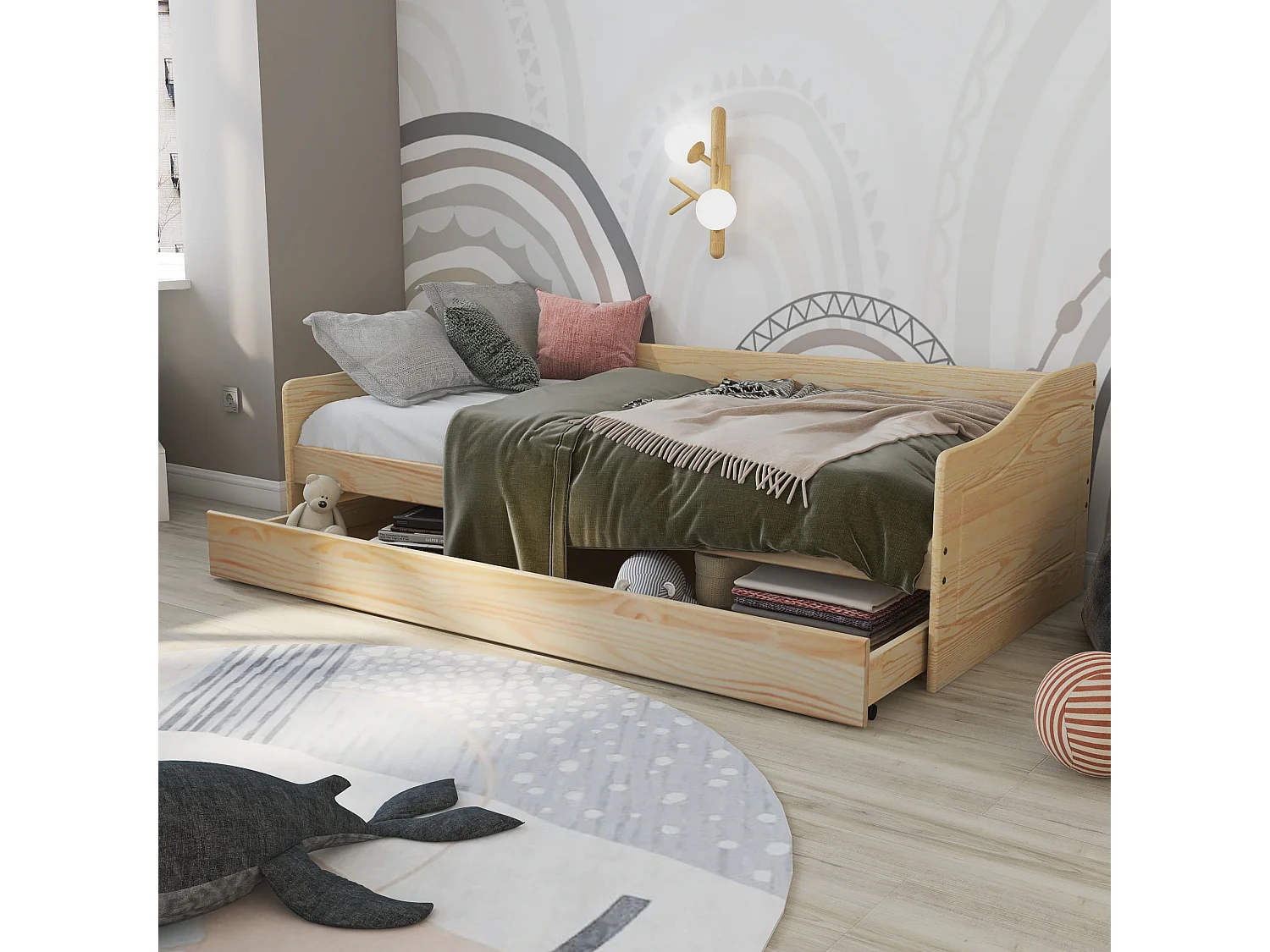 Lit gigogne en bois massif naturel avec sommier à lattes intégré 90x200 - LT12120