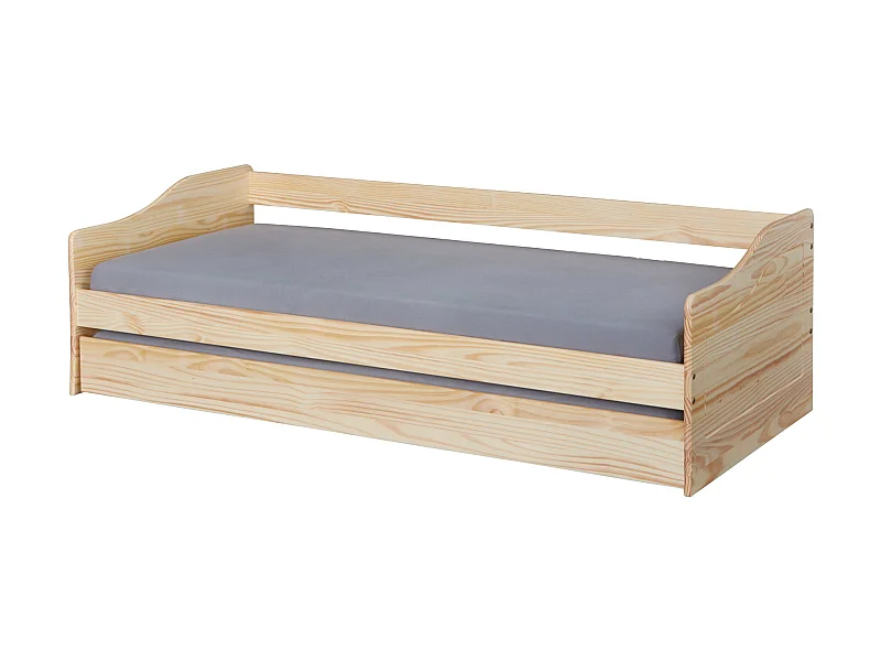 Lit gigogne en bois massif naturel avec sommier à lattes intégré 90x200 - LT12120