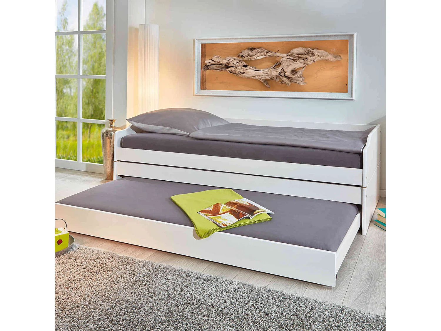 Lit gigogne 3 couchages en bois massif blanc laqué 90x190 - LT12015