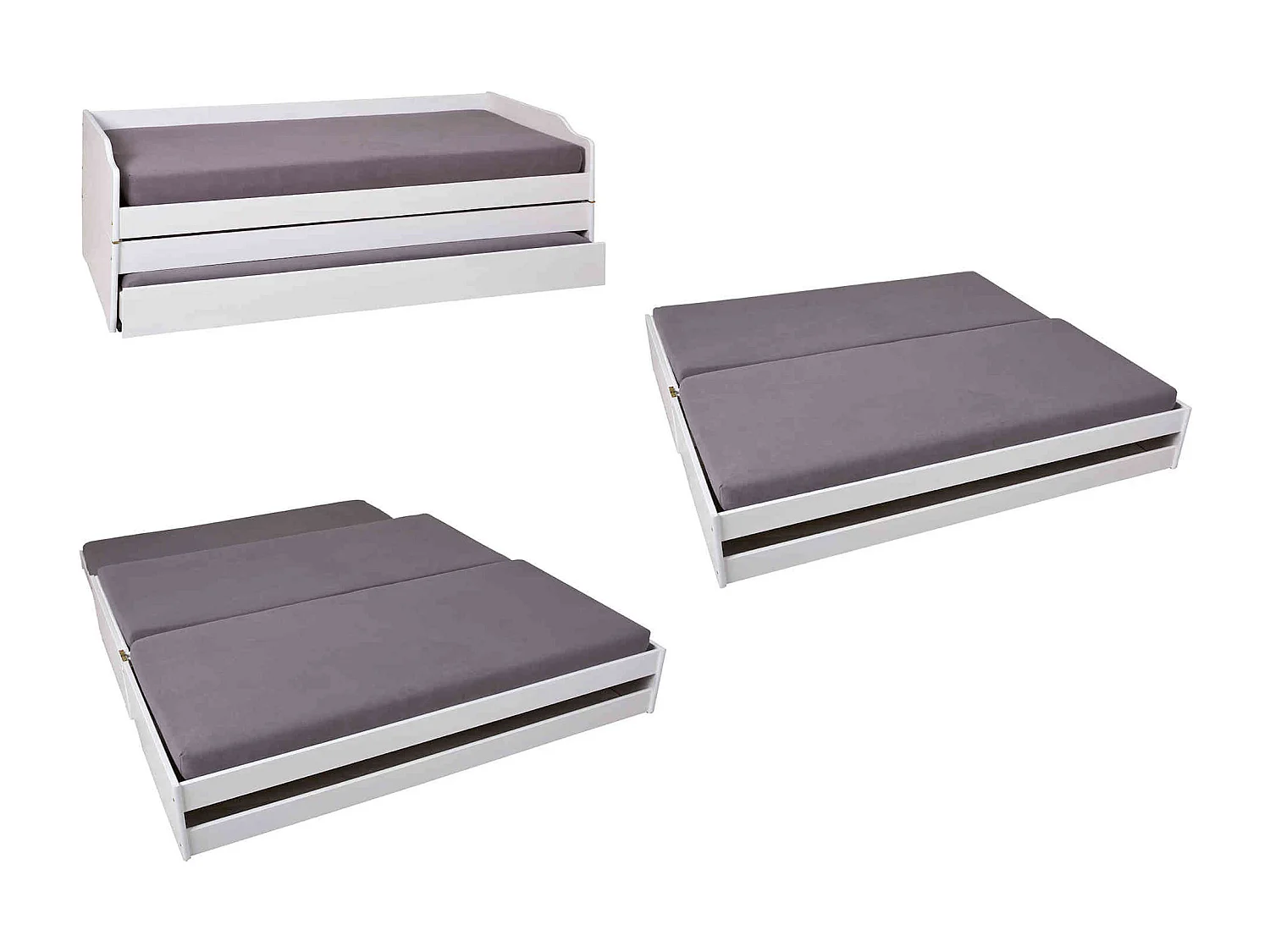 Lit gigogne 3 couchages en bois massif blanc laqué 90x190 - LT12015