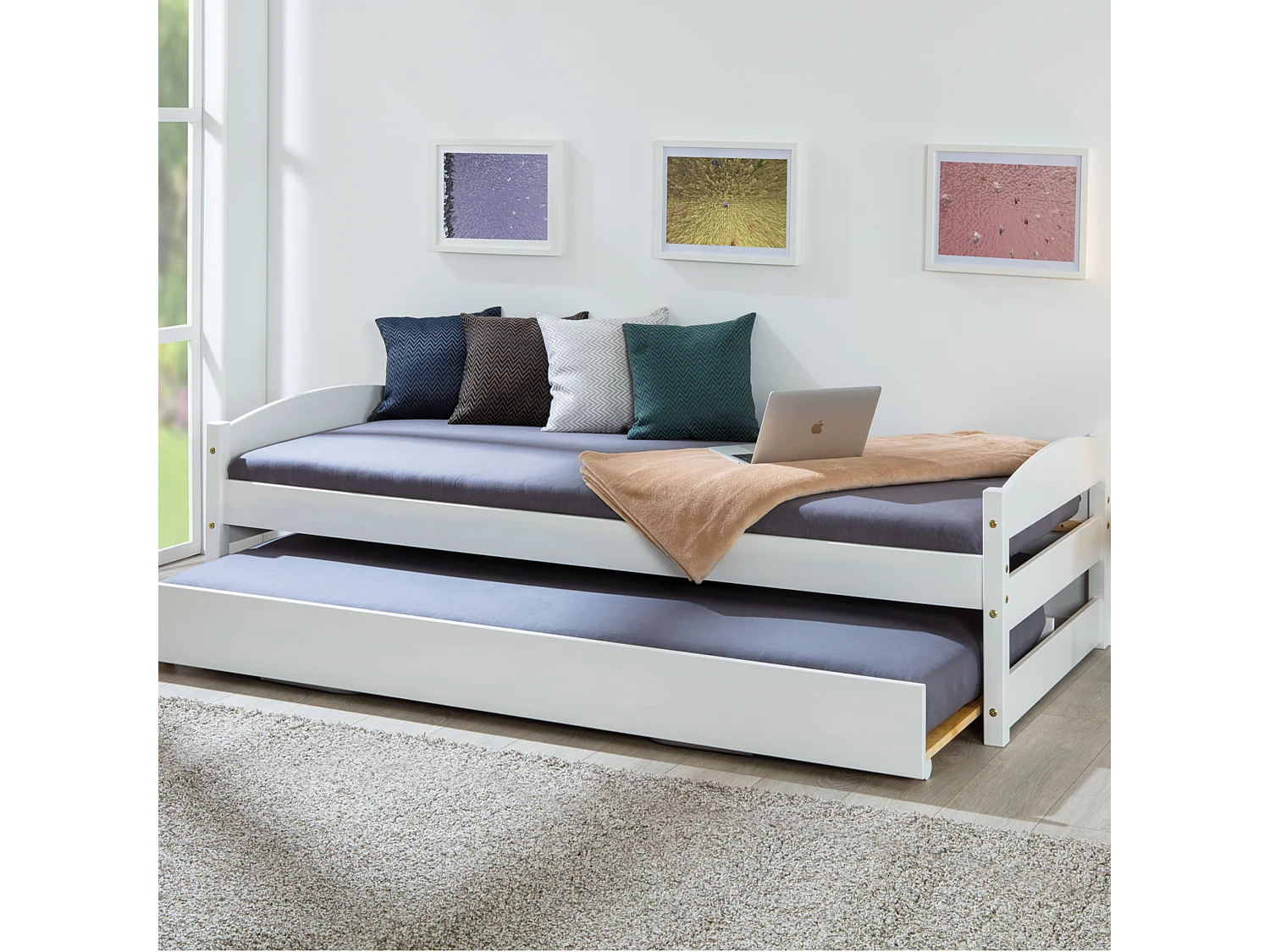 Lit gigogne relevable en bois massif blanc 90x200 - LT12009