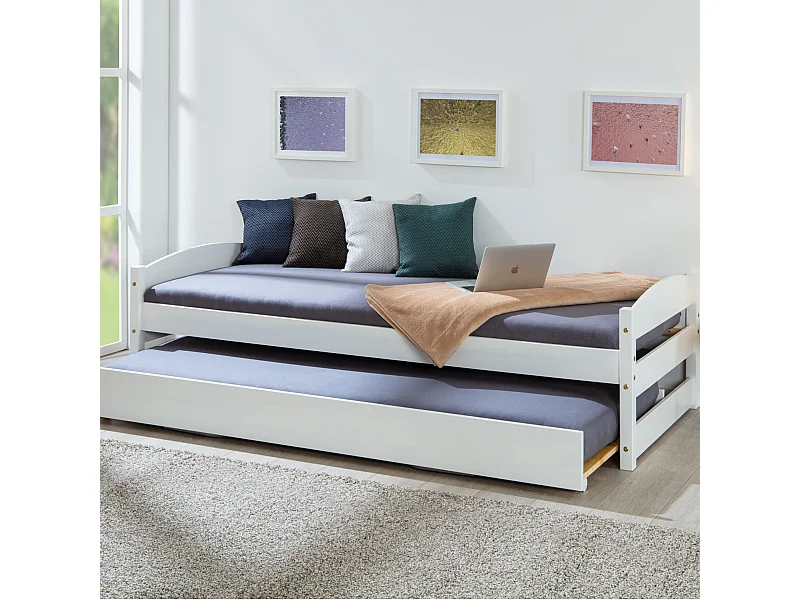 Lit gigogne relevable en bois massif blanc 90x200 - LT12009