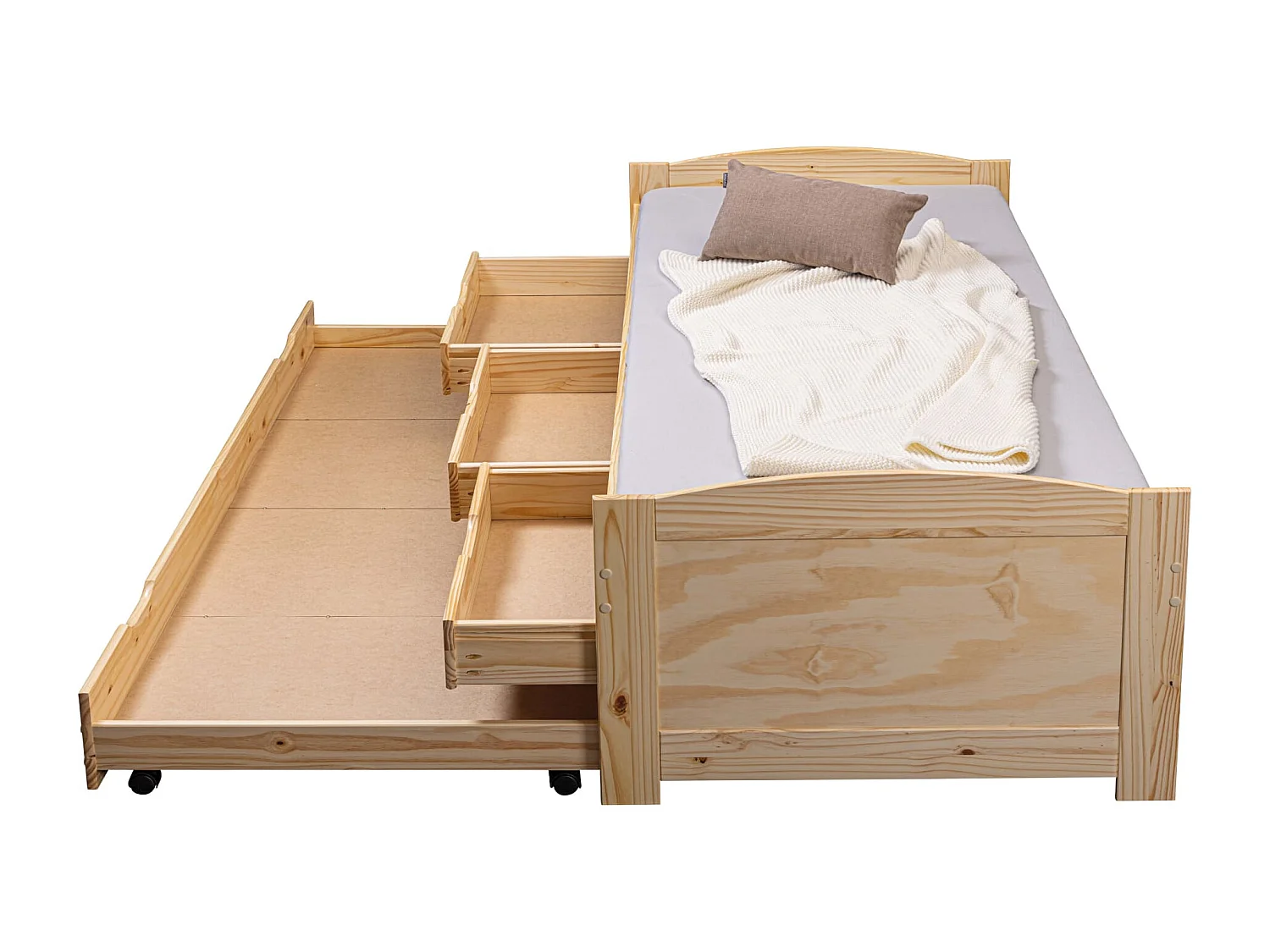 Lit gigogne 3 tiroirs en bois massif imitation chêne clair 90x200 - LT12006