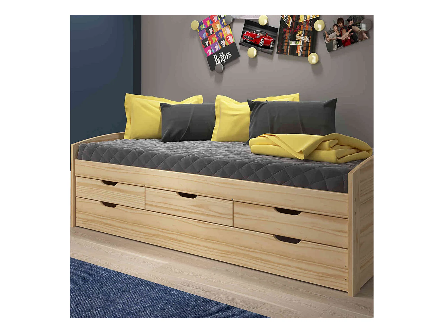 Lit gigogne 3 tiroirs en bois massif imitation chêne clair 90x200 - LT12006