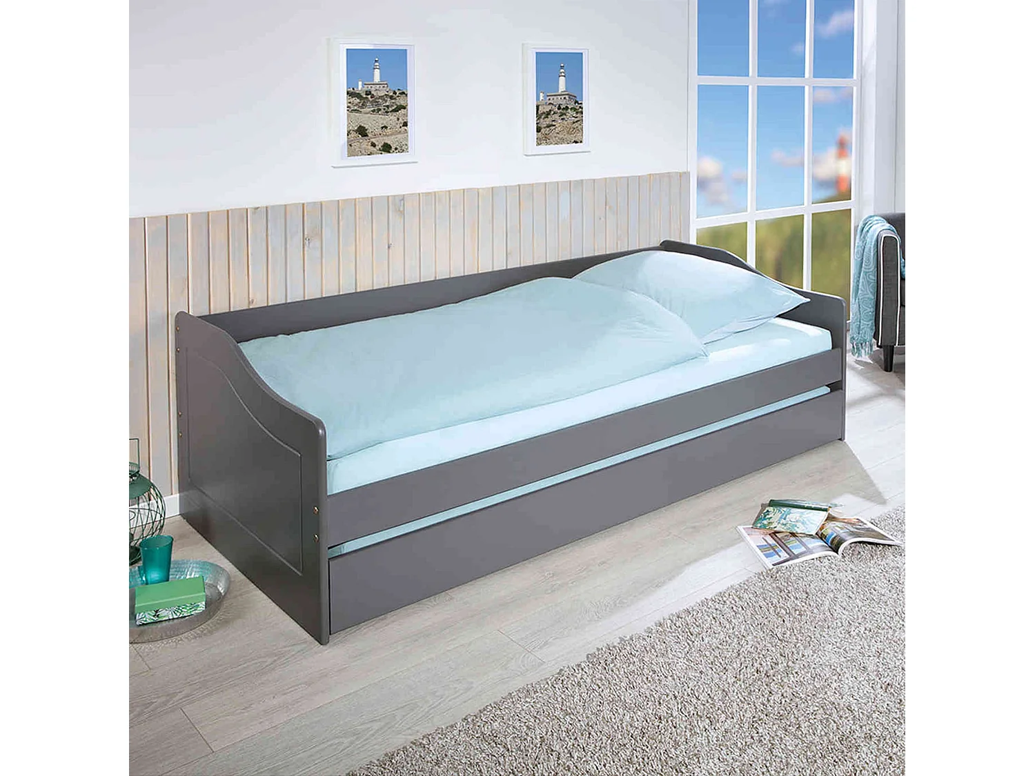 Lit gigogne en bois massif gris 90x200 - LT12005