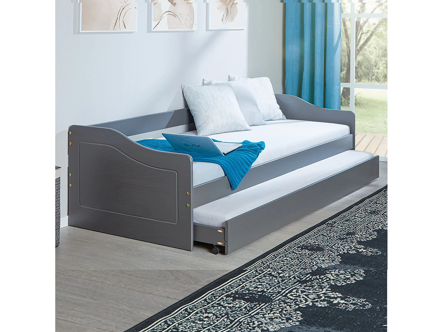 Lit gigogne en bois massif gris 90x200 - LT12005