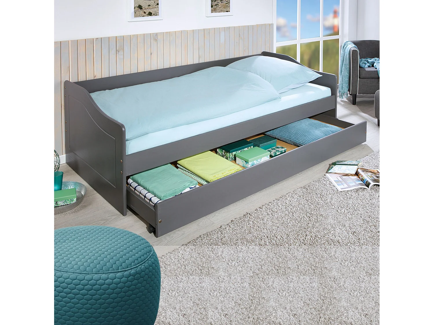 Lit gigogne en bois massif gris 90x200 - LT12005