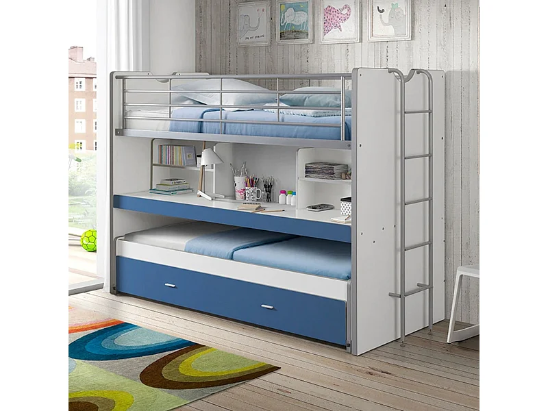 Lit superposé 3 couchages + bureau bleu 90x200