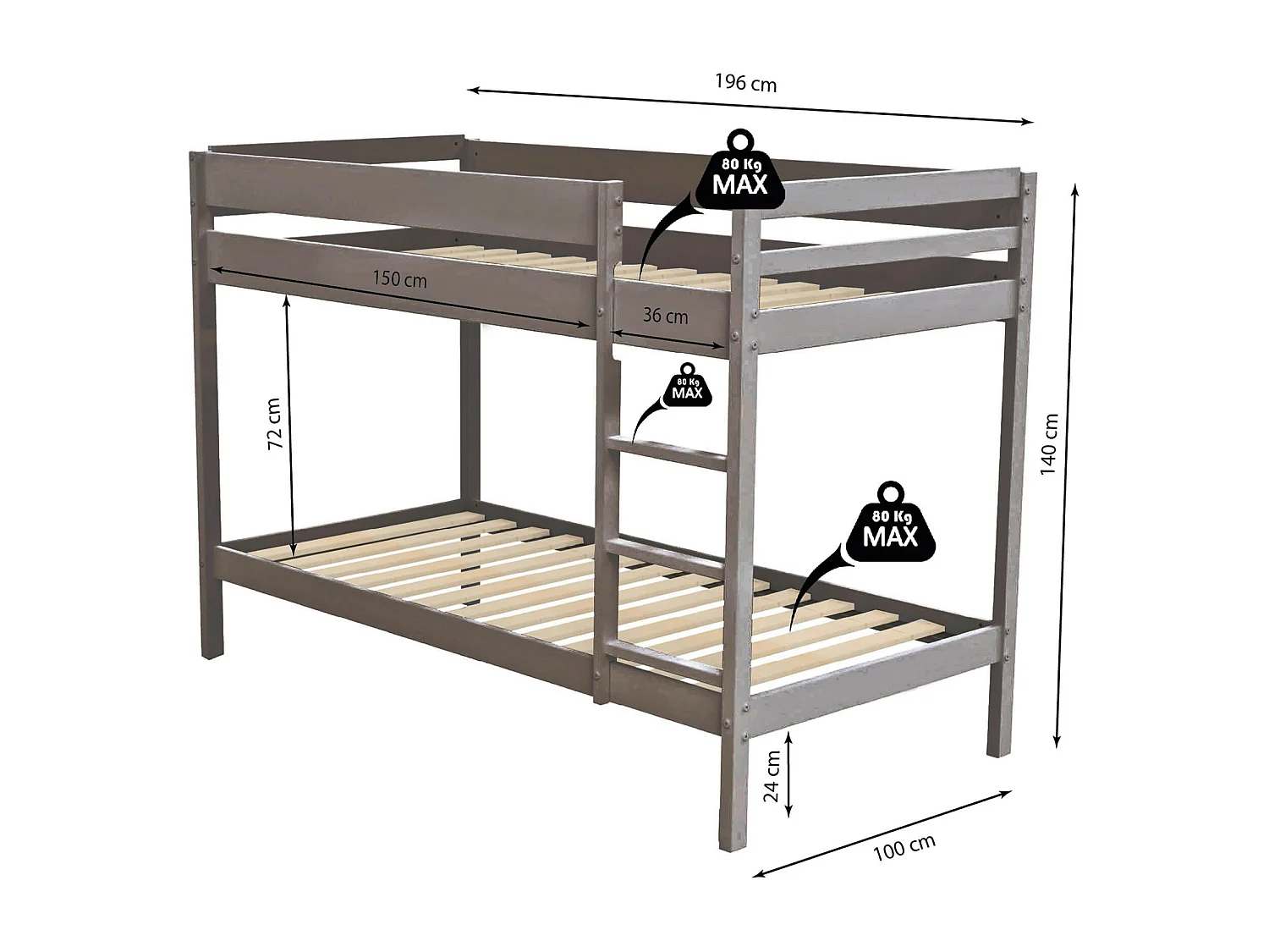 Lit superposé en bois 90x190 gris - LT14040