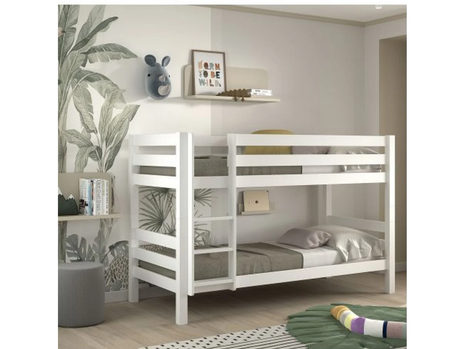 Lit superposé enfant en bois massif blanc 90x200 cm - LT2041