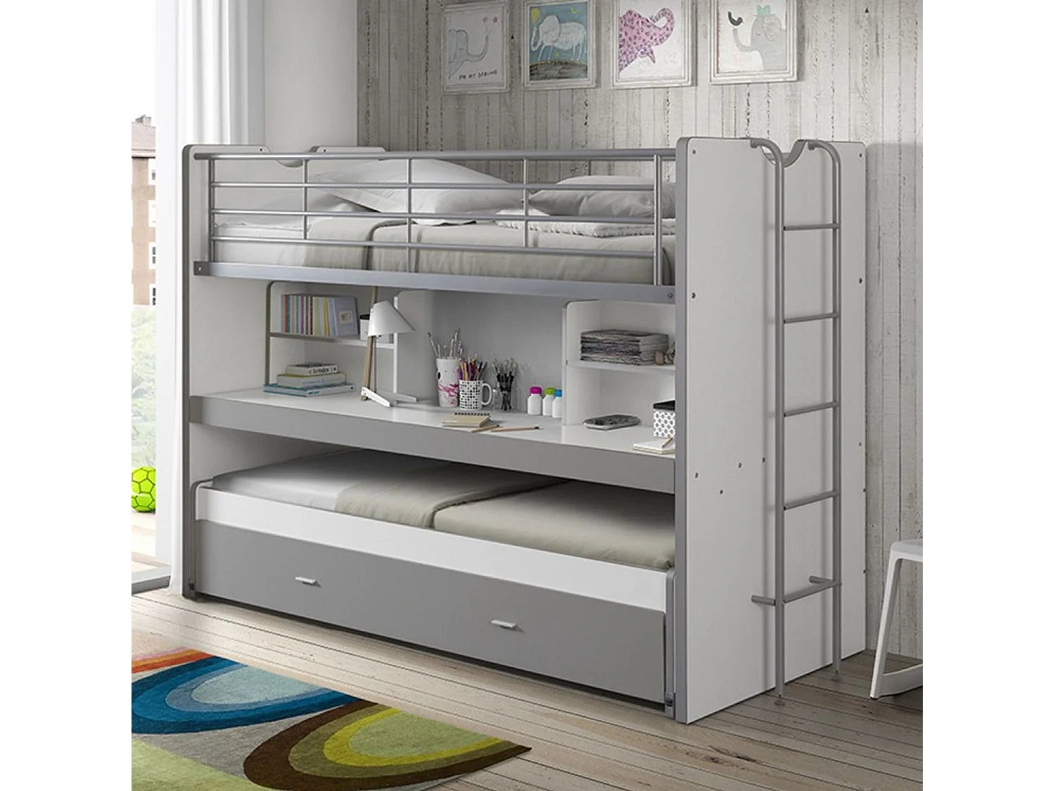 Lit superposé 3 couchages + bureau gris 90x200