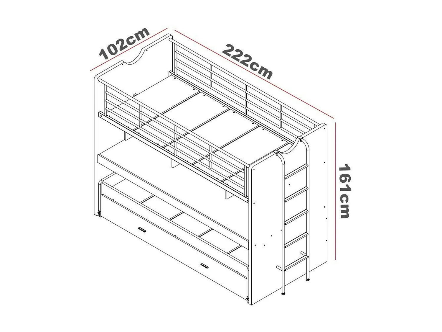 Lit superposé 3 couchages + bureau gris 90x200