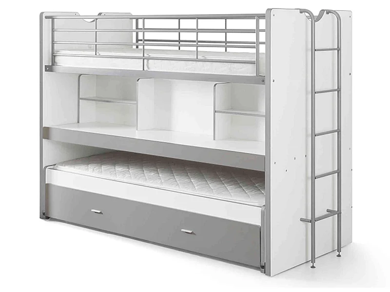 Lit superposé 3 couchages + bureau gris 90x200