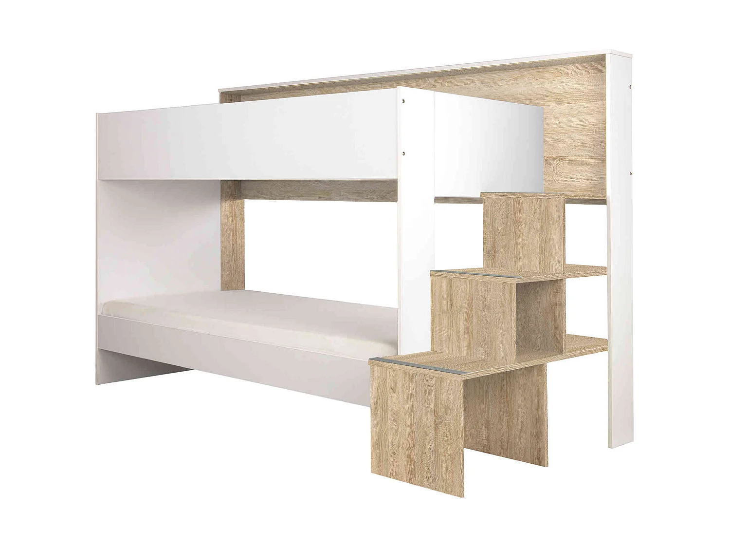 Lit superposé 90x200 en bois imitation chêne clair et blanc