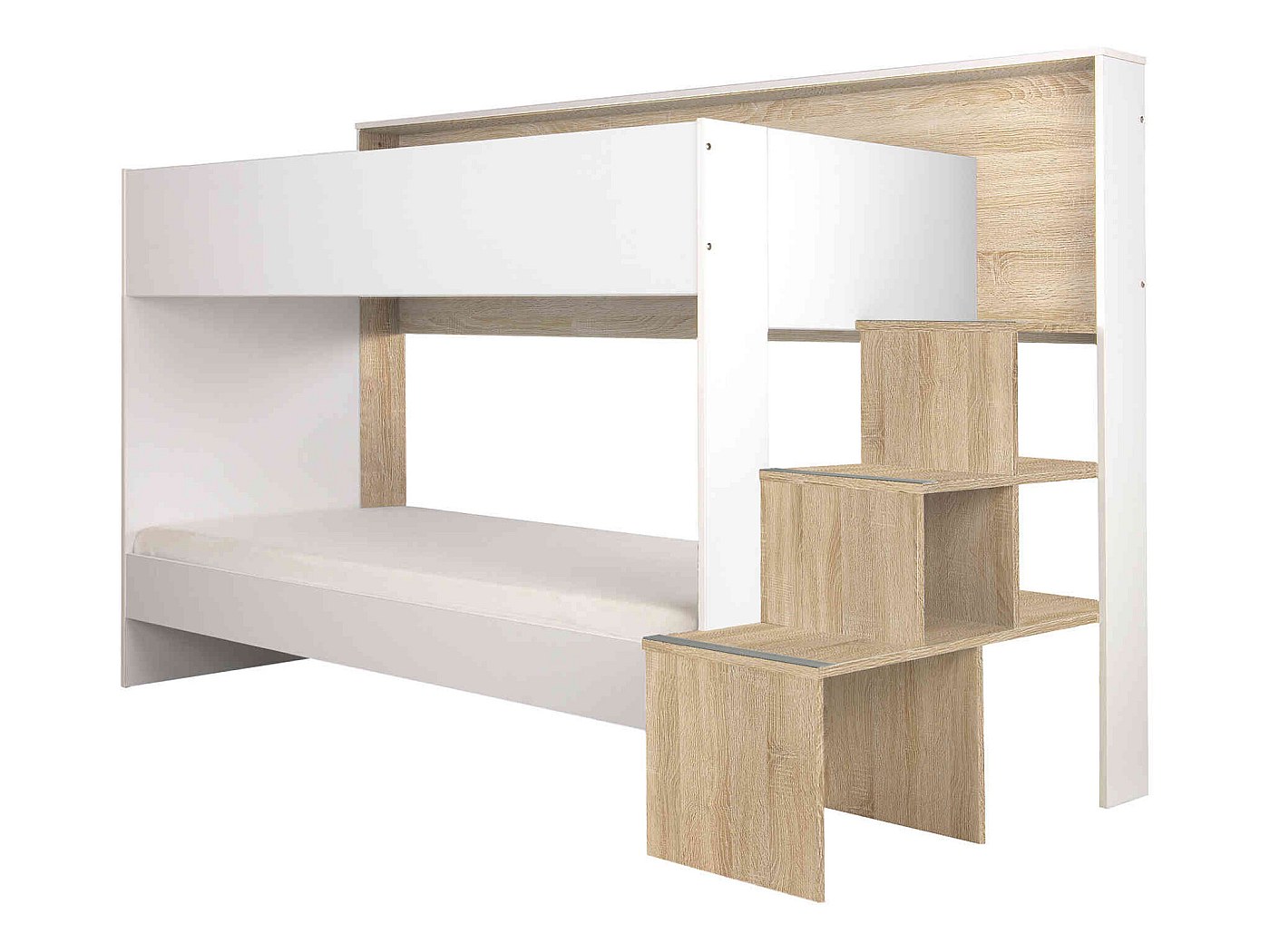 Lit superposé 90x200 en bois imitation chêne clair et blanc