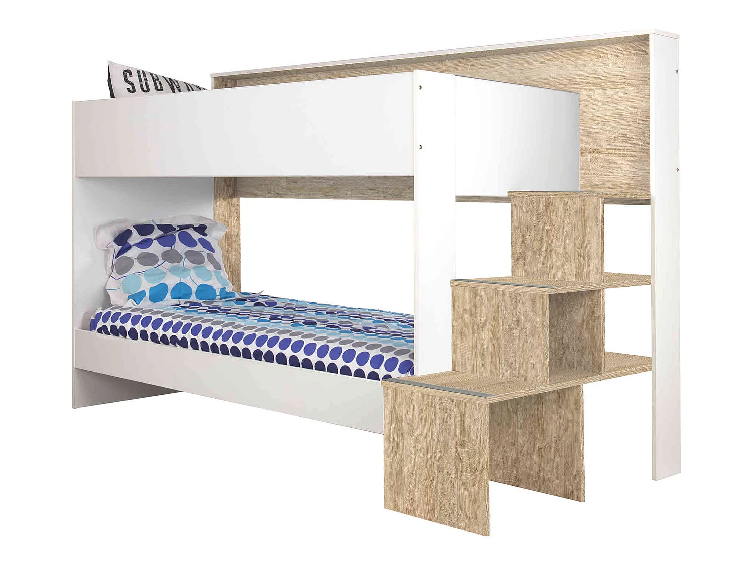 Lit superposé 90x200 en bois imitation chêne clair et blanc