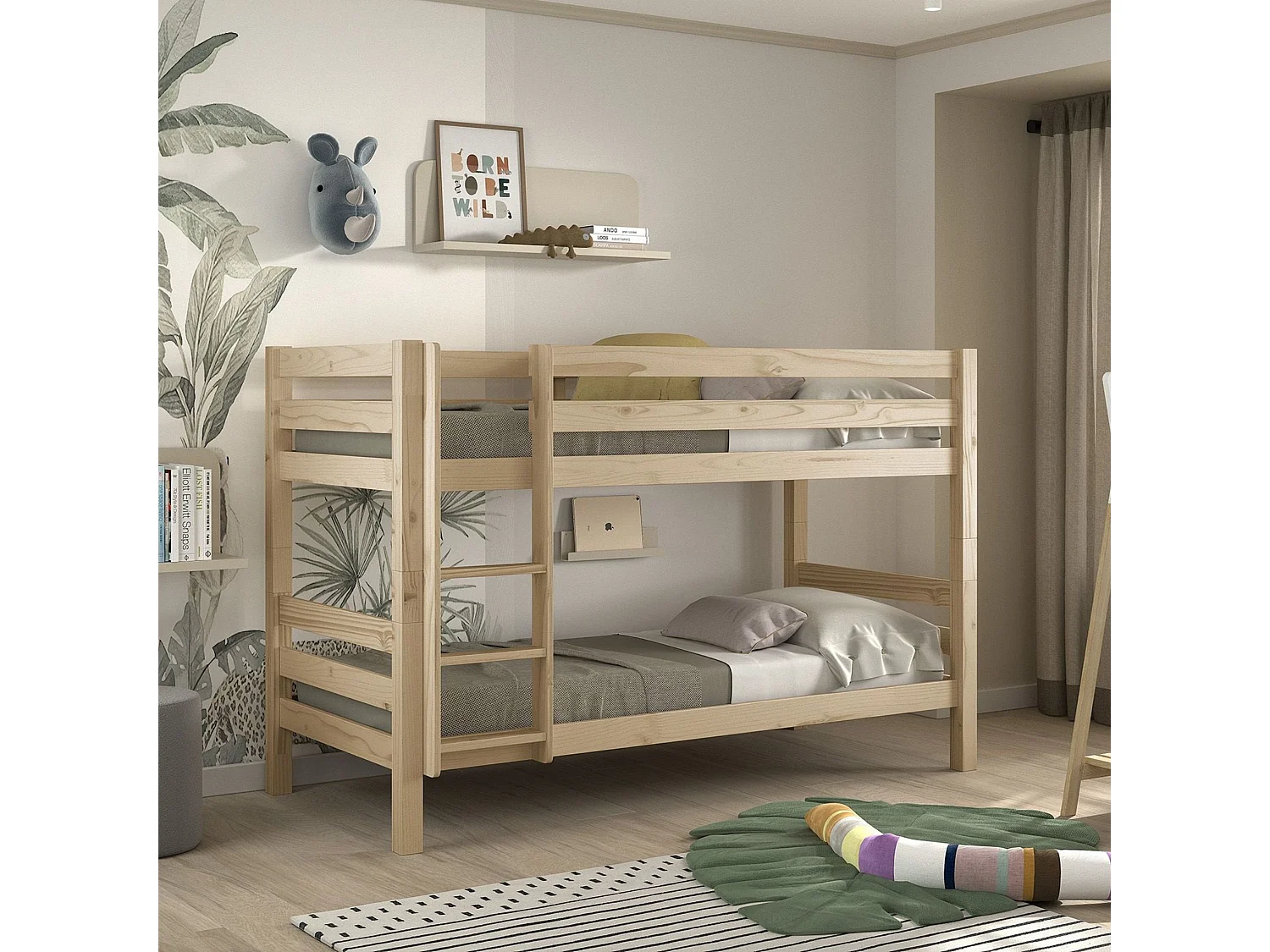 Lit superposé enfant en bois massif naturel 90x200 cm - LT2041