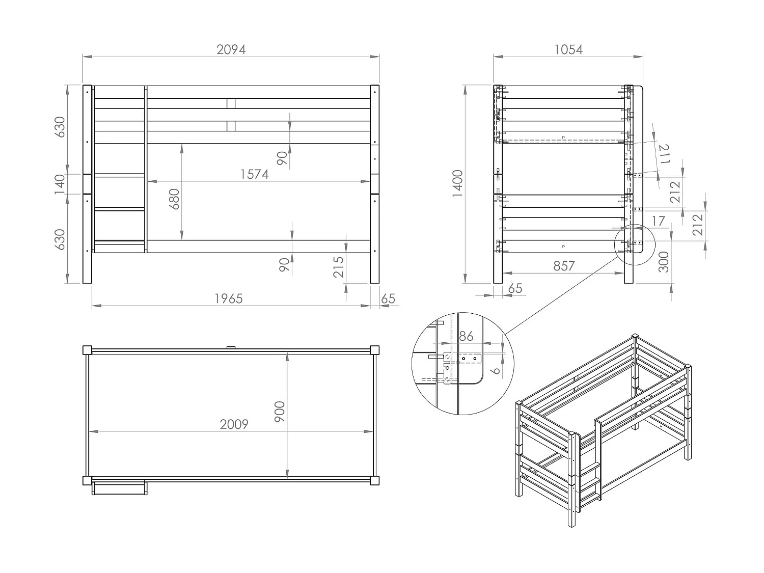 Lit superposé enfant en bois massif naturel 90x200 cm - LT2041