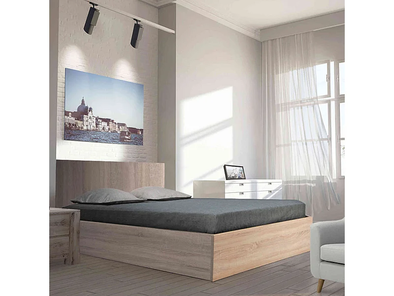 Lit coffre avec sommier en bois imitation chêne clair 160x200 - LT14022