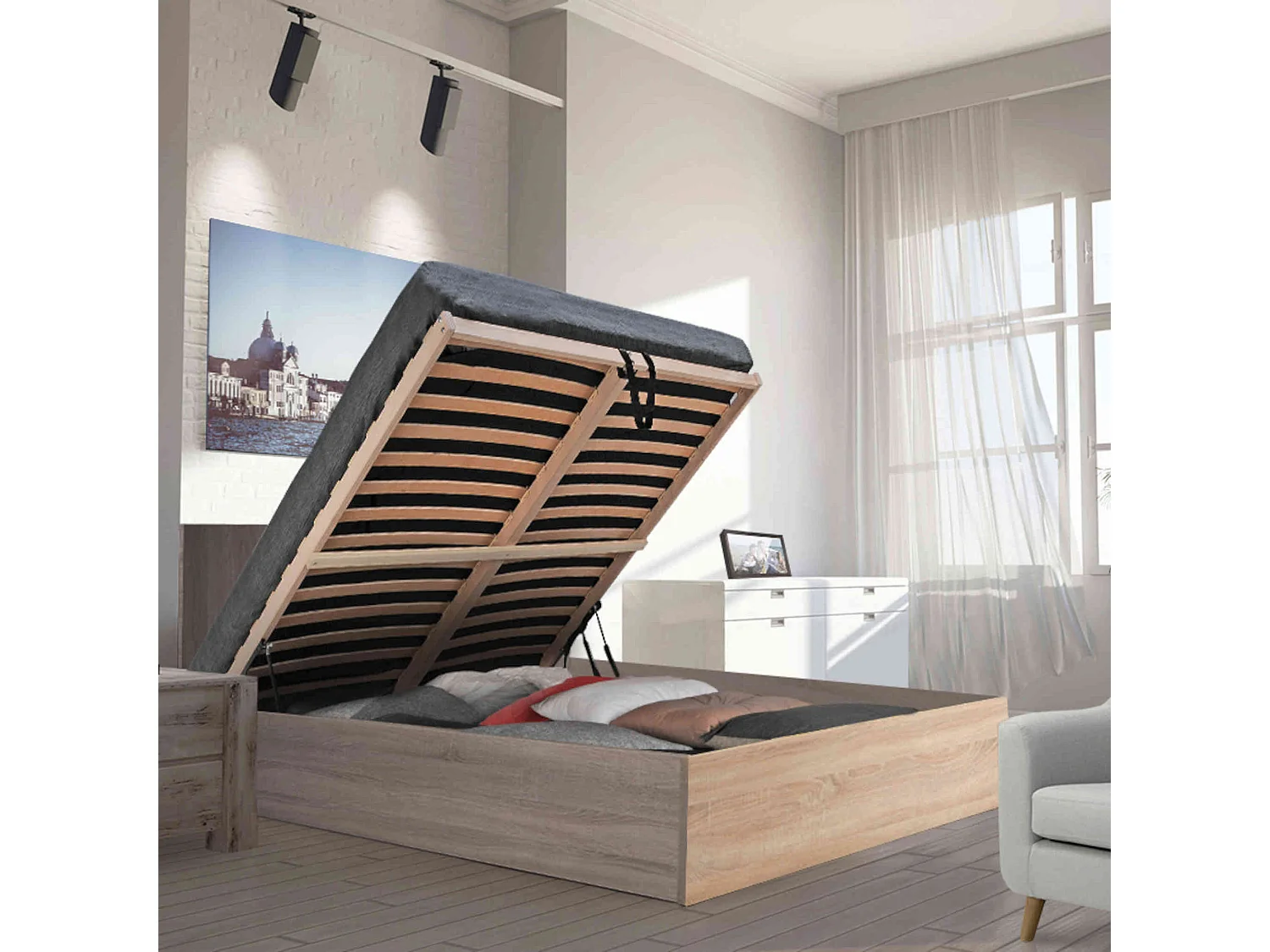 Lit coffre avec sommier en bois imitation chêne clair 160x200 - LT14022