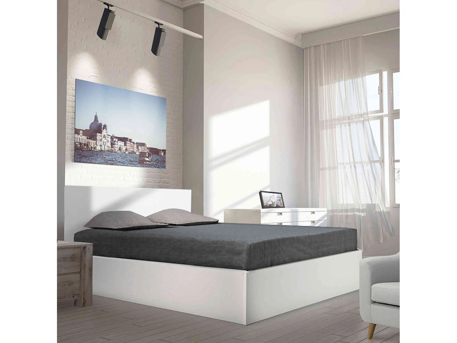 Lit coffre avec sommier en bois blanc 160x200 - LT14022