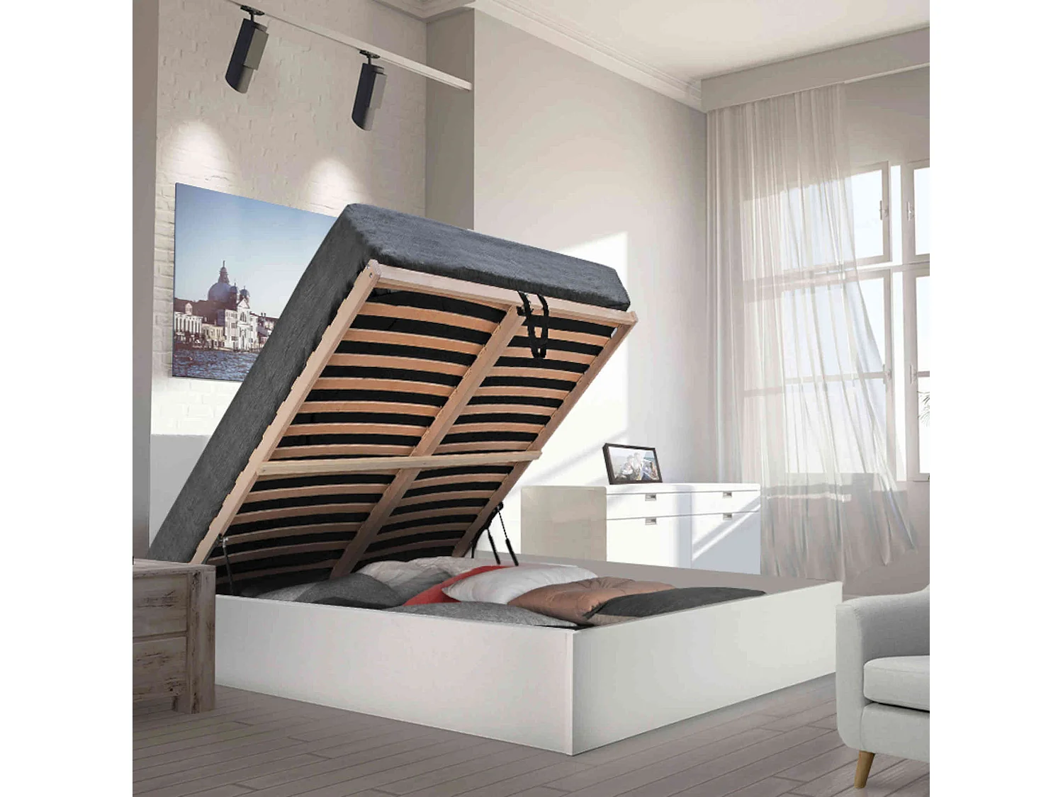 Lit coffre avec sommier en bois blanc 140x190 - LT14022